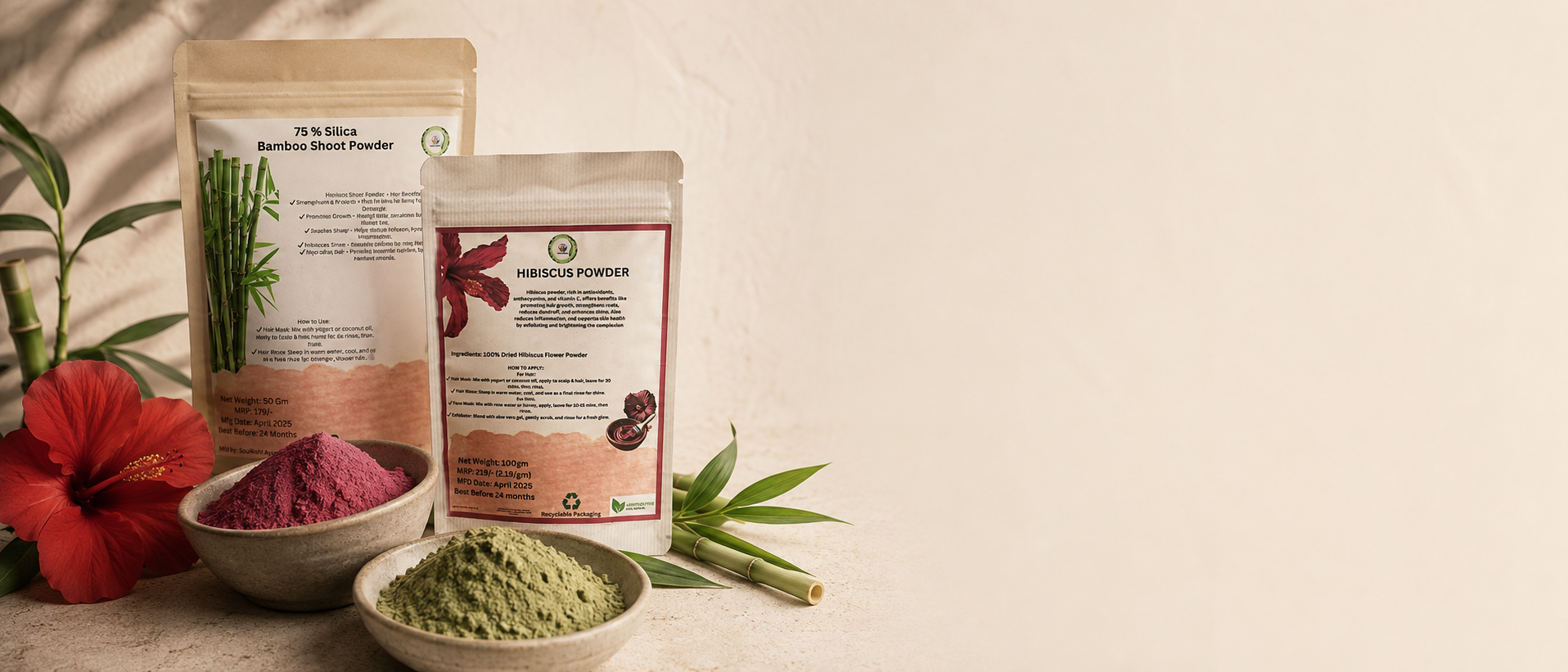Silica-Rich Bamboo Shoot & Hibiscus Powders for Scalp Health.